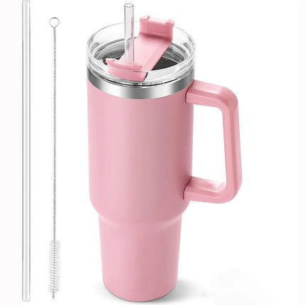 EcoWarra Variant 40oz Tumbler with Handle and Straw, Pink Insulated Travel Mug Iced Coffee Cup, Reusable Stainless Steel Insulated Water Bottle