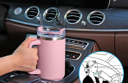 EcoWarra Variant 40oz Tumbler with Handle and Straw, Pink Insulated Travel Mug Iced Coffee Cup, Reusable Stainless Steel Insulated Water Bottle