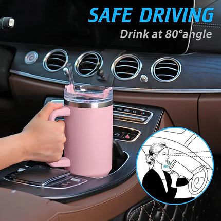 EcoWarra Variant 40oz Tumbler with Handle and Straw, Pink Insulated Travel Mug Iced Coffee Cup, Reusable Stainless Steel Insulated Water Bottle