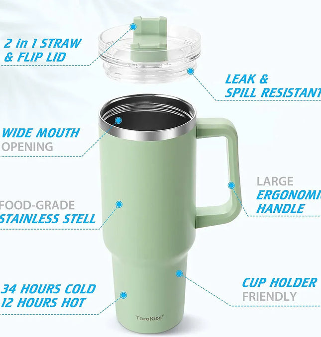 EcoWarra Variant 40oz Tumbler with Handle and Straw, Pink Insulated Travel Mug Iced Coffee Cup, Reusable Stainless Steel Insulated Water Bottle