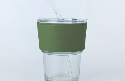 EcoWarra White Cup With Green Glass Sipper Cups Reusable Spill-Proof Drinking Cups with Lid Straw for Birthday Party Travel Xmas Juice Mug Water Bottle Cups