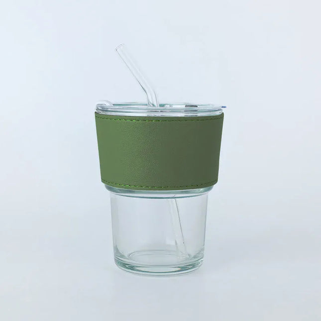 EcoWarra White Cup With Green Glass Sipper Cups Reusable Spill-Proof Drinking Cups with Lid Straw for Birthday Party Travel Xmas Juice Mug Water Bottle Cups