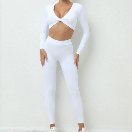 EcoWarra WHITE / L Seamless Yoga Sets Sports Fitness High Waist Hip-lifting Trousers Nude Feel Long-Sleeved Suit Workout Gym Leggings Set for Women