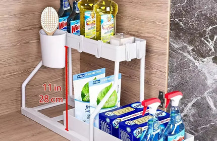 EcoWarra White Space Saving 2 Tier Pull Out Storage Box Durable Large Capacity Kitchen Bathroom Essential Drawer Organizer