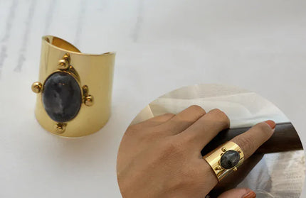 EcoWarra Wild&Free Stainless Steel Gold Plated Wide Rings For Women Big Natural Stone Finger Ring Vintage Jewelry Best Gift