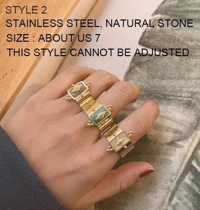 EcoWarra Wild&Free Stainless Steel Gold Plated Wide Rings For Women Big Natural Stone Finger Ring Vintage Jewelry Best Gift