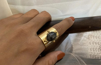 EcoWarra Wild&Free Stainless Steel Gold Plated Wide Rings For Women Big Natural Stone Finger Ring Vintage Jewelry Best Gift