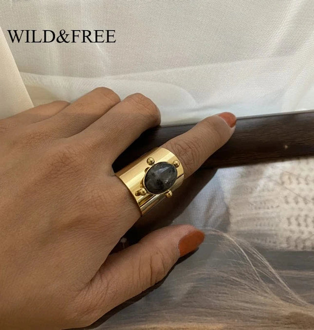 EcoWarra Wild&Free Stainless Steel Gold Plated Wide Rings For Women Big Natural Stone Finger Ring Vintage Jewelry Best Gift