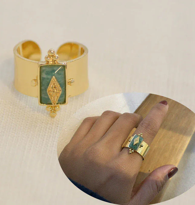 EcoWarra Wild&Free Stainless Steel Gold Plated Wide Rings For Women Big Natural Stone Finger Ring Vintage Jewelry Best Gift