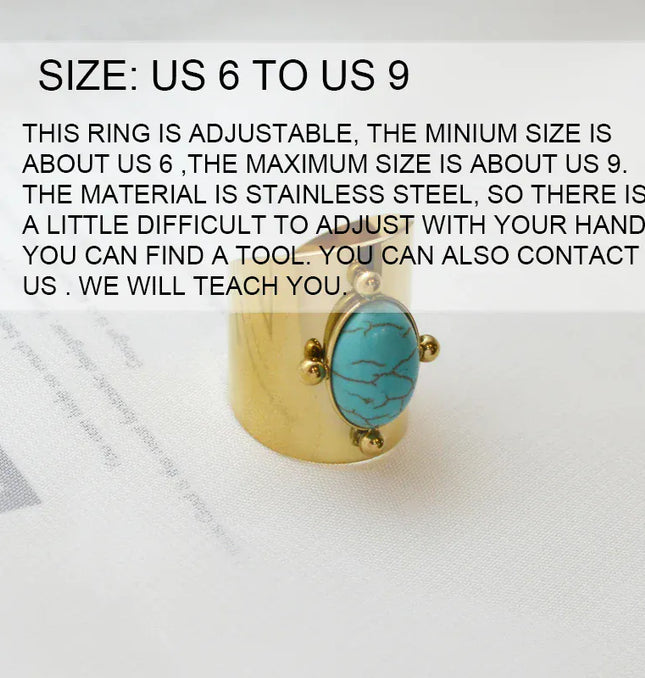 EcoWarra Wild&Free Stainless Steel Gold Plated Wide Rings For Women Big Natural Stone Finger Ring Vintage Jewelry Best Gift
