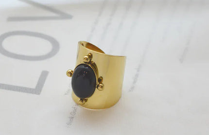 EcoWarra Wild&Free Stainless Steel Gold Plated Wide Rings For Women Big Natural Stone Finger Ring Vintage Jewelry Best Gift