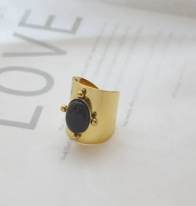 EcoWarra Wild&Free Stainless Steel Gold Plated Wide Rings For Women Big Natural Stone Finger Ring Vintage Jewelry Best Gift