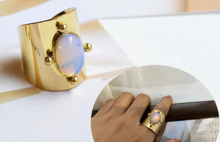 EcoWarra Wild&Free Stainless Steel Gold Plated Wide Rings For Women Big Natural Stone Finger Ring Vintage Jewelry Best Gift