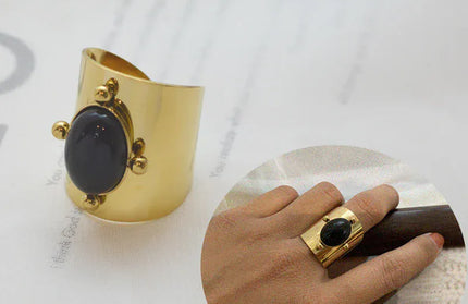 EcoWarra Wild&Free Stainless Steel Gold Plated Wide Rings For Women Big Natural Stone Finger Ring Vintage Jewelry Best Gift