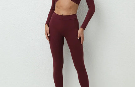 EcoWarra Wine Red / M Seamless Yoga Sets Sports Fitness High Waist Hip-lifting Trousers Nude Feel Long-Sleeved Suit Workout Gym Leggings Set for Women