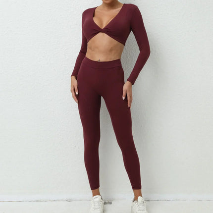 EcoWarra Wine Red / M Seamless Yoga Sets Sports Fitness High Waist Hip-lifting Trousers Nude Feel Long-Sleeved Suit Workout Gym Leggings Set for Women