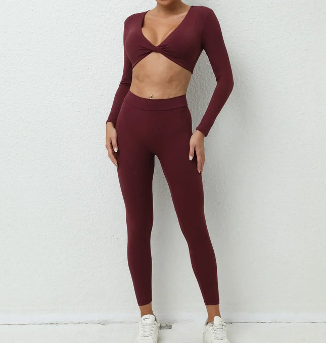 EcoWarra Wine Red / S Seamless Yoga Sets Sports Fitness High Waist Hip-lifting Trousers Nude Feel Long-Sleeved Suit Workout Gym Leggings Set for Women