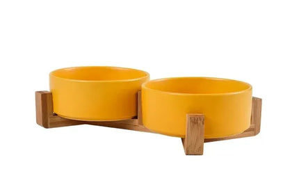 EcoWarra Yellow / 13cm Ceramic Pet Bowl Dish With Wood Stand No Spill Pet Ceramic Double Bowl For Dog Cat Food Water Feeder Cats Small Dogs Pet bowl