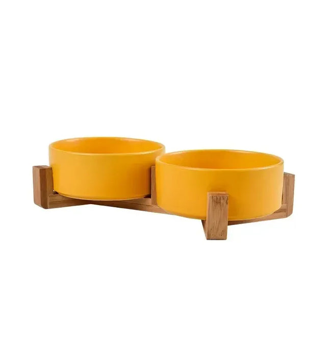 EcoWarra Yellow / 13cm Ceramic Pet Bowl Dish With Wood Stand No Spill Pet Ceramic Double Bowl For Dog Cat Food Water Feeder Cats Small Dogs Pet bowl