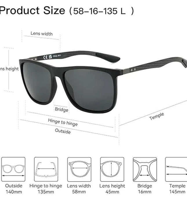 EcoWarra ZENOTTIC Square Polarized Sunglasses for Men Ultralight Carbon Fiber Sun Glasses Driving Fishing Golf Sports UV400 Protection