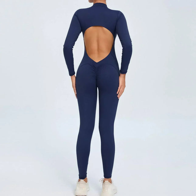 Seamless Yoga Zipper Jumpsuits Sports Fitness Beauty Back Hip-Lifting Long-Sleeved One-Piece Workout Gym Bodysuits for Women