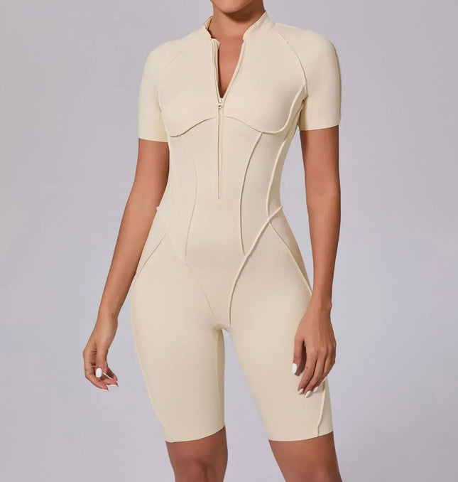Seamless Yoga Jumpsuits Sports Fitness Zipper Hip-lifting Short-sleeved Backless Dance Workout Gym Shorts Bodysuits for Women